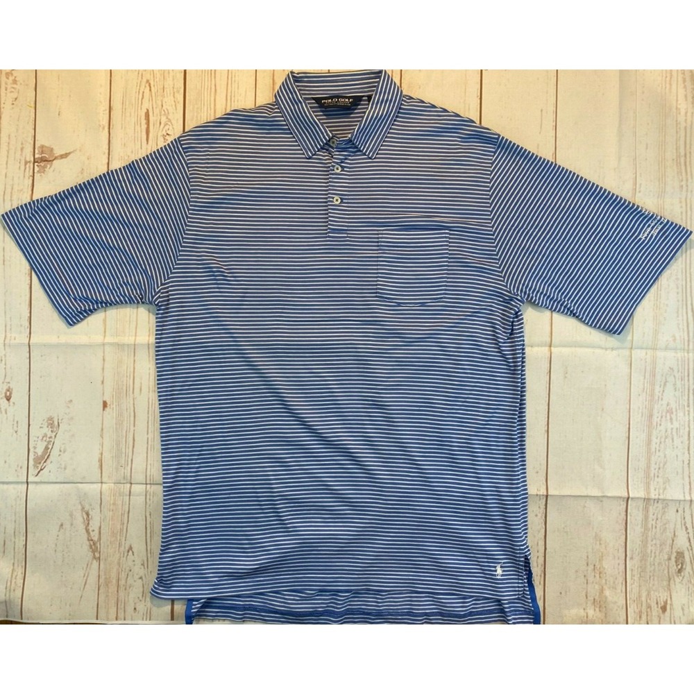 Polo Golf Ralph Lauren Mens Large Blue Striped SS Shirt Pima Cotton LOGO